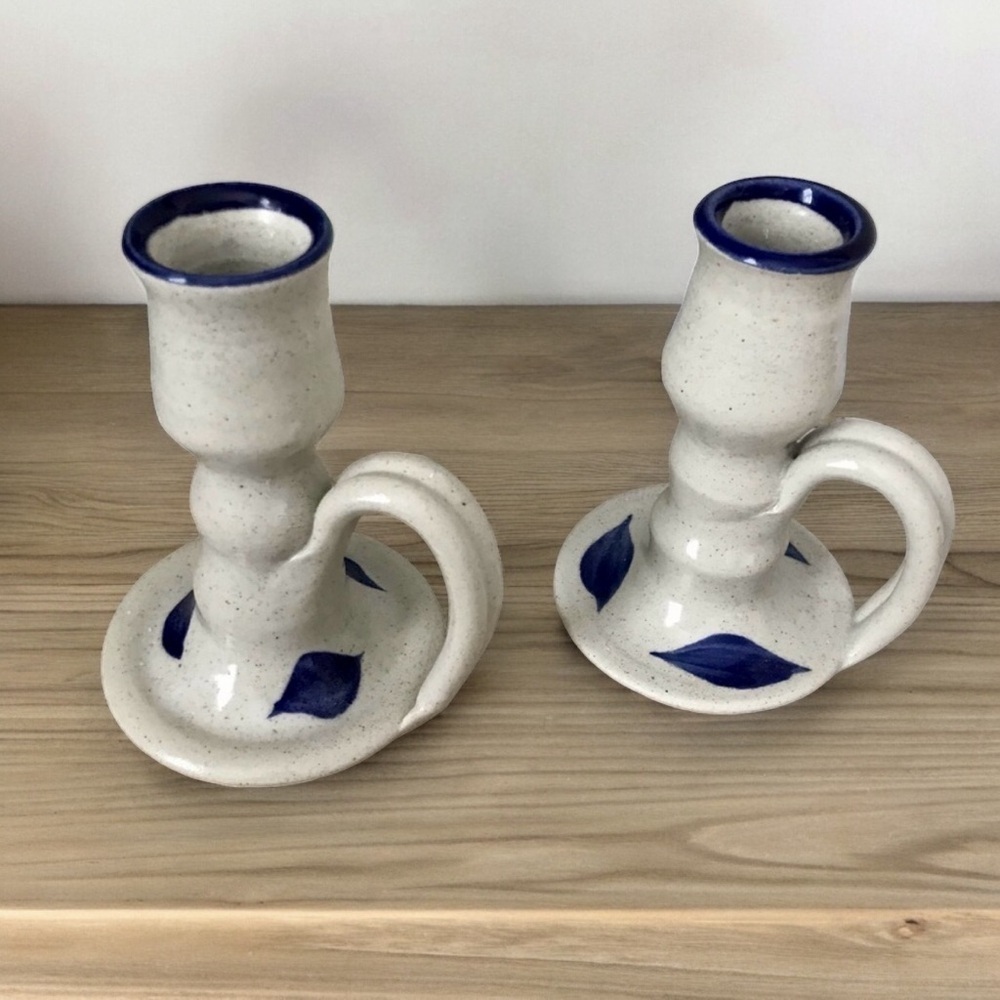 Williamsburg Pottery Salt Glaze Set of 2 Flat Candle Holders Beige Blue - Picture 2 of 6